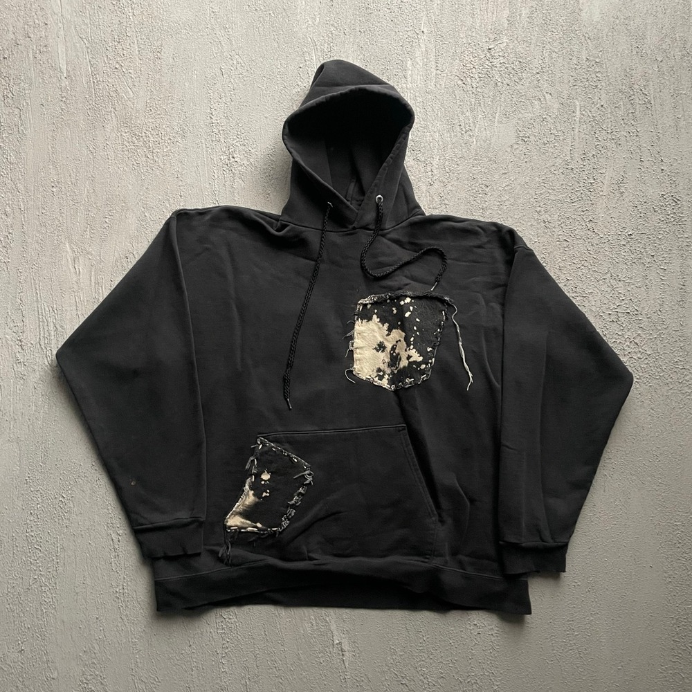 Vintage Custom Patchwork Hoodie Mens No Tag Size Black 90s Hanes Ultimate Cotton